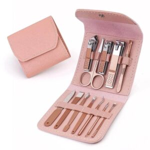 12 In 1 Nail Clippers Beauty Tool Portable Set In Pink Leather Bag