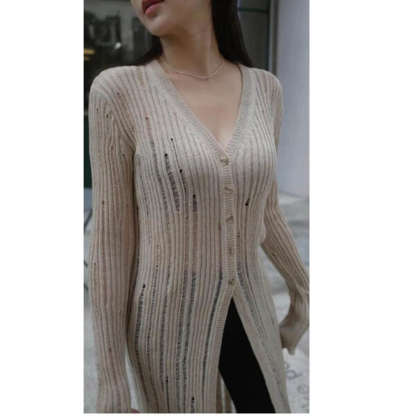 Casual Knit Open Front Cardigan Loose Sweater Beige - Image 2